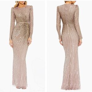 Mac Duggal Long Sleeve Sequin Gown in Gold and Cream